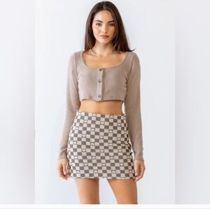 Mocha Ribbed Long Sleeve Button Crop Top NWT